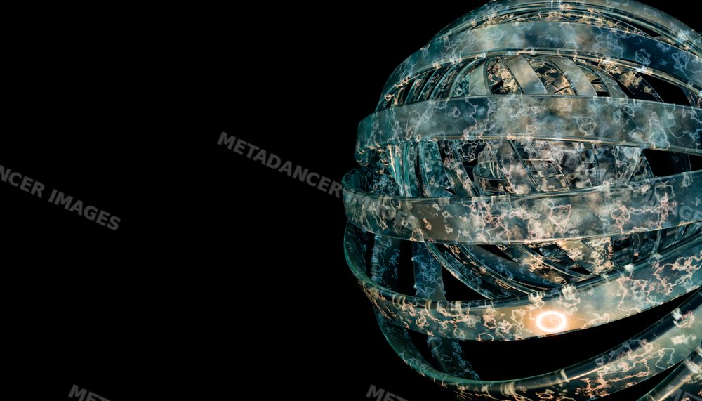 Abstract spherical 3d rendering with glowing spiral rings on dark