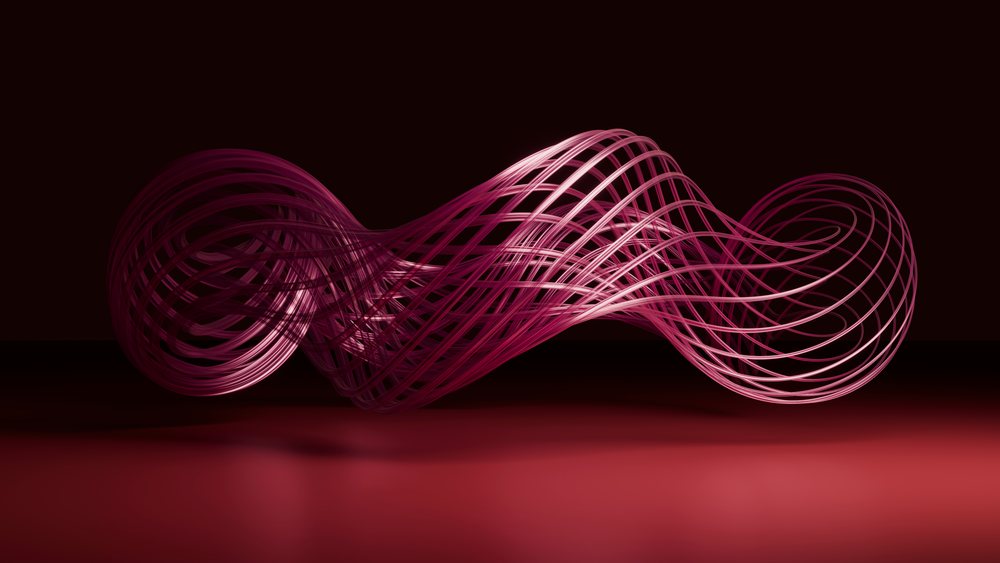 Abstract 3D wireframe mesh with curved lines on a red background in digital art style.