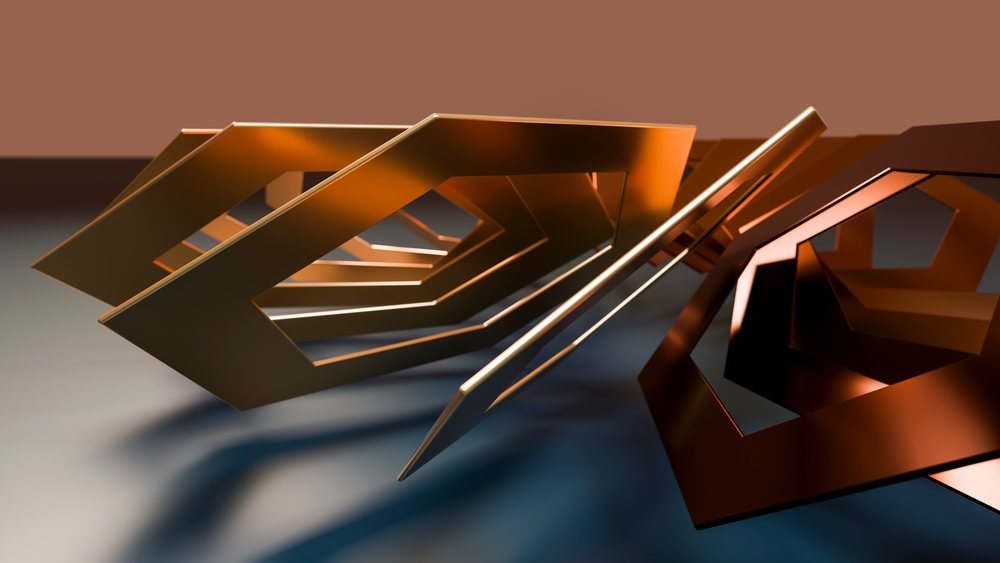 Metallic geometric pentagon shapes arranged with orange lighting and shadows in modern minimalist setting.