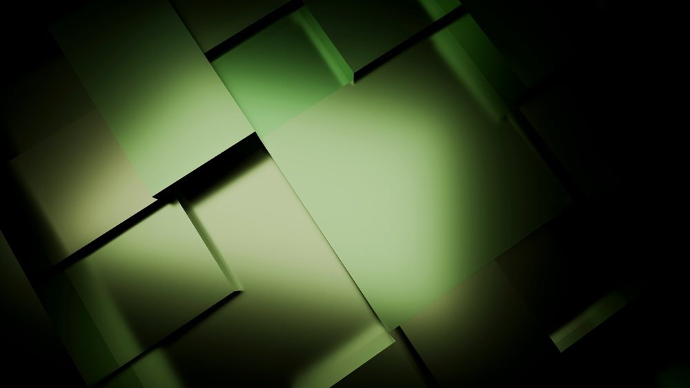 Abstract overlapping green rectangles with gradients and shadows form a modern geometric pattern on a dark background.