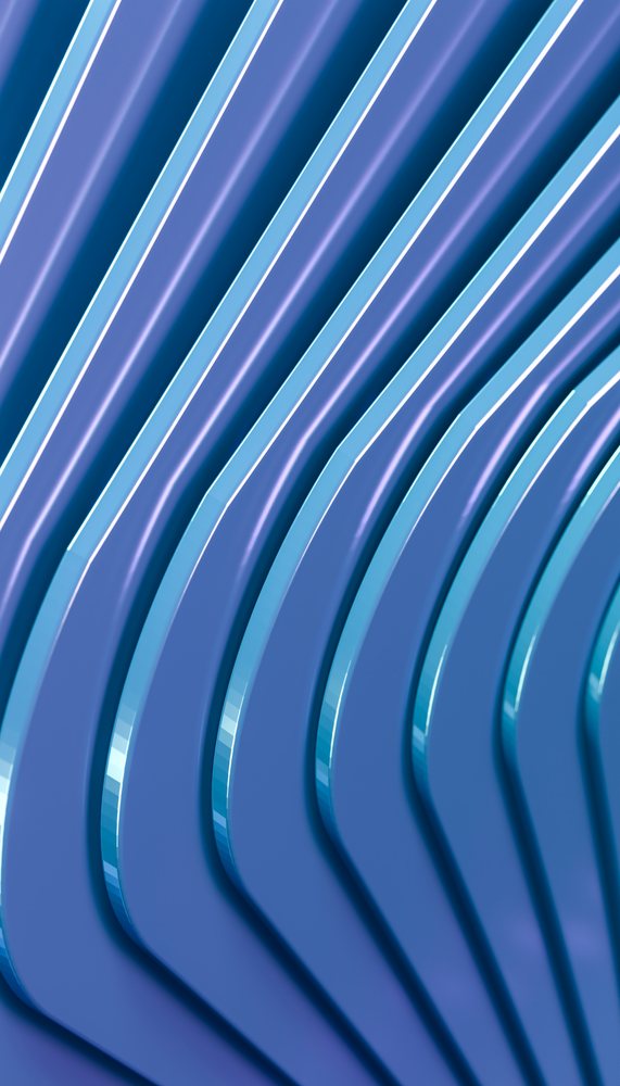 Glossy blue curved shapes form a symmetrical abstract pattern with smooth reflections and highlights.