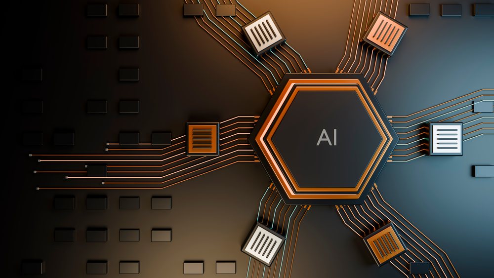 Central hexagonal AI processor chip connected by copper traces to six smaller chips on a black circuit board.