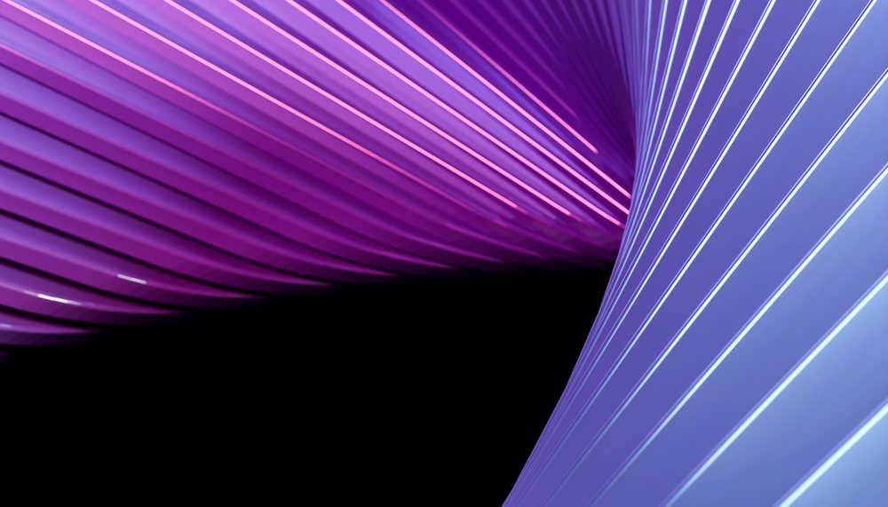 Abstract digital artwork with smooth flowing purple and blue curved lines on a black background.