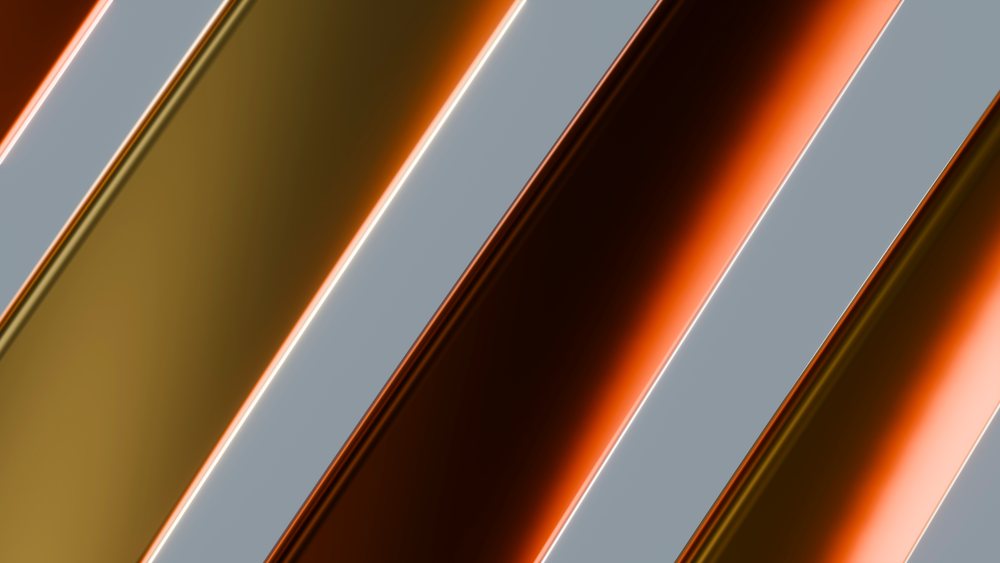 Abstract digital illustration featuring diagonal metallic stripes with orange and gray colors and glowing edges.