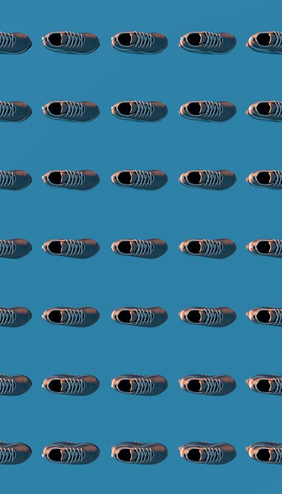 Running shoes arranged in a repetitive pattern on a blue background.