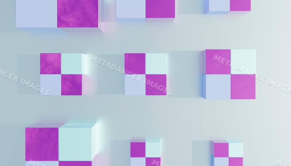 Top view of patterned purple and white 3d cubes arranged in a grid