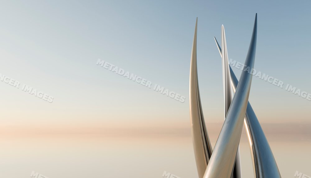 Digital rendering of a polished abstract metal sculpture at dawn