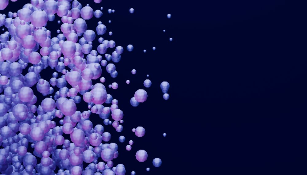A digital rendering of floating purple spheres clustered on a dark