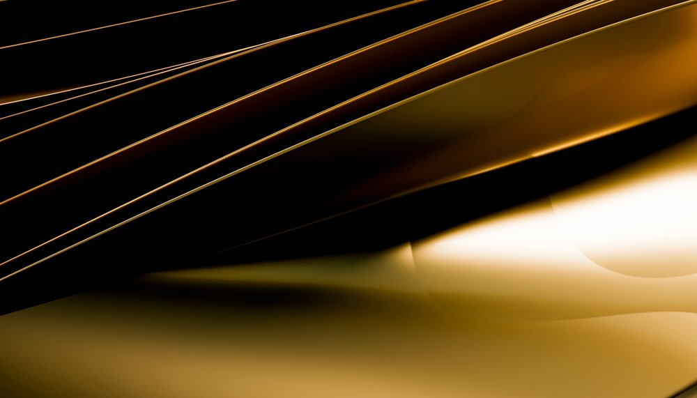 Digital abstract artwork showing smooth flowing golden and black curves with glossy reflections and elegant wave patterns.