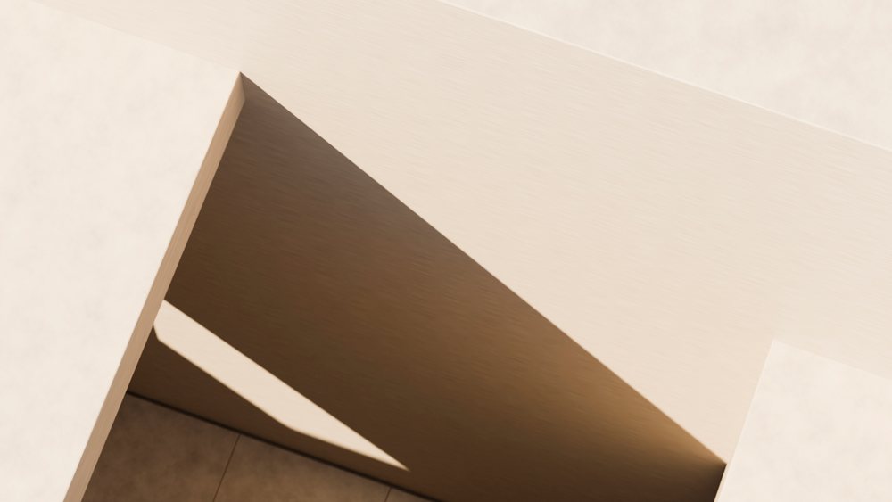 Shadow and light form a geometric pattern on a beige architectural corner surface.