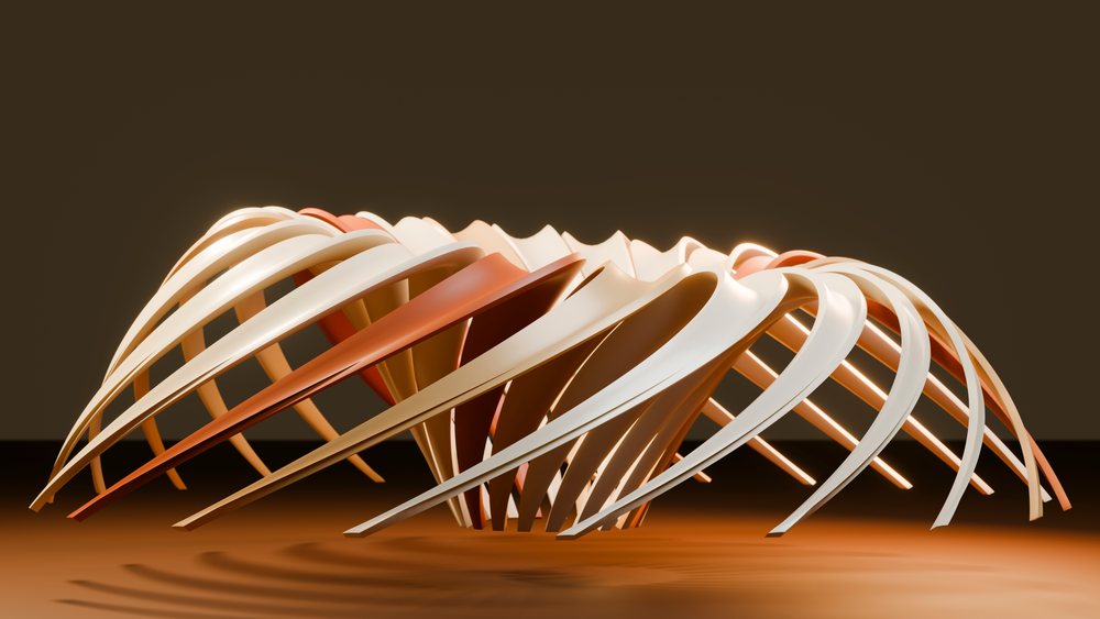 Abstract curved ribbon sculpture with fluid lines floating against a brown background in digital 3D art.