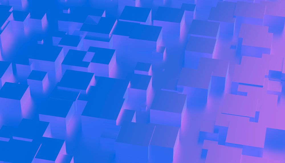 abstract 3d cubes in purple and blue gradient lighting forming a geometric pattern.