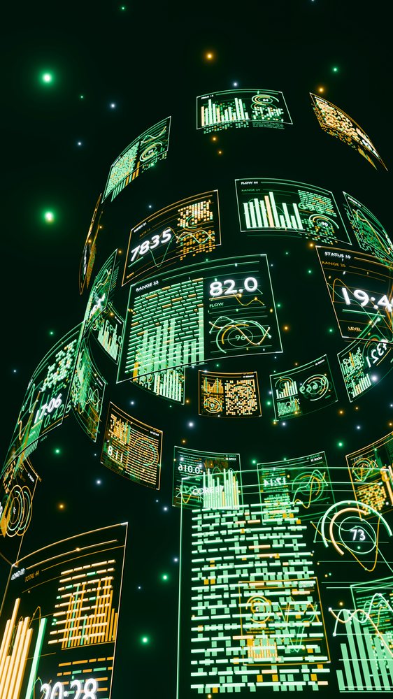 Multiple translucent digital data panels with graphs and numeric data float in a curved formation.