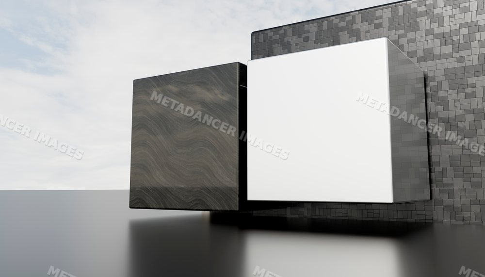 3d rendering of two floating cubes with contrasting textures