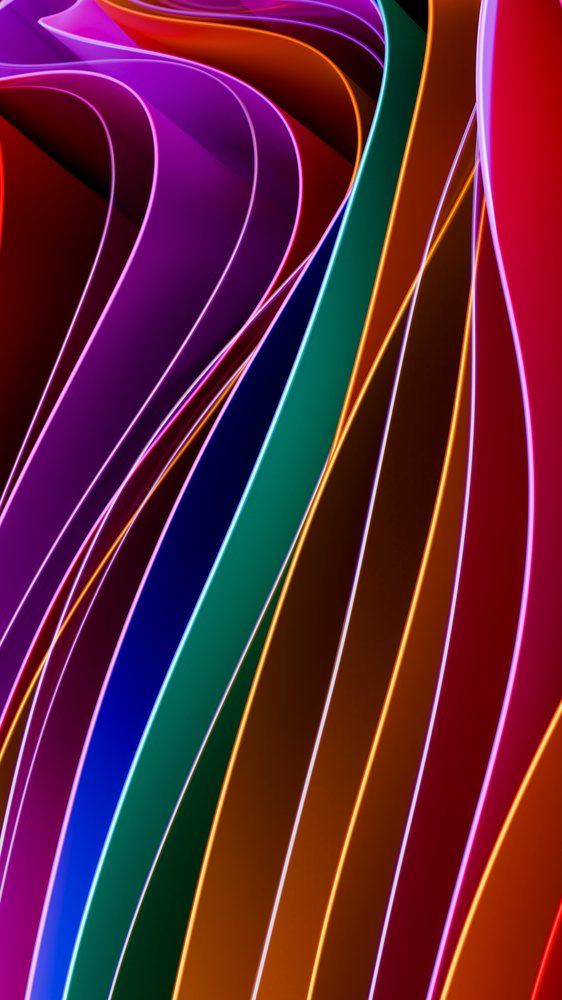 Colorful curved lines with neon lit edges form an abstract wave pattern on a dark background.