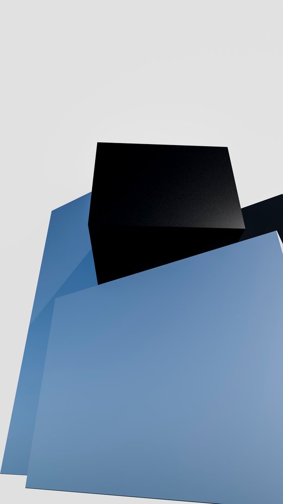 Stacked black and three blue rectangular 3D shapes form a minimalist abstract geometric composition.