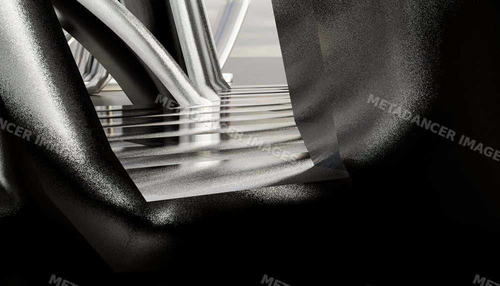 Abstract modern black sculpture with curved reflective metal shapes