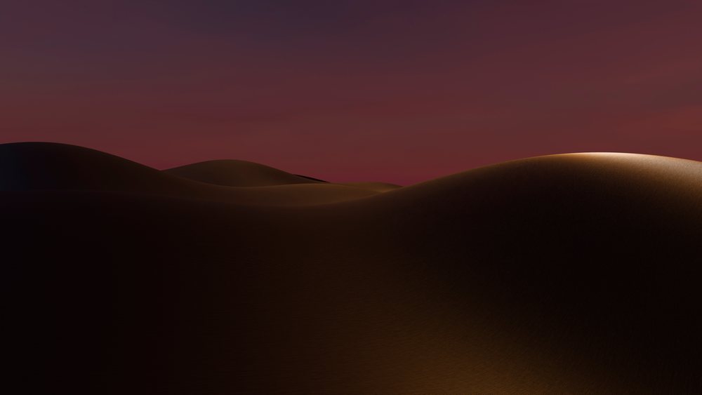 Large sand dunes illuminated by fading sunlight under a purple and pink desert sky at sunset.