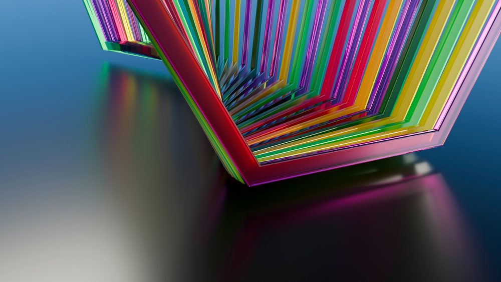 Abstract geometric shapes with transparent layers and rainbow light reflections on a smooth surface in a 3D digital art illustration.
