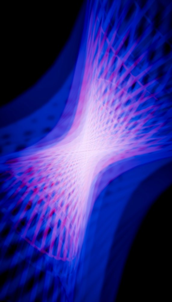 Abstract blue and purple light pattern featuring a dynamic glowing mesh on a dark background.