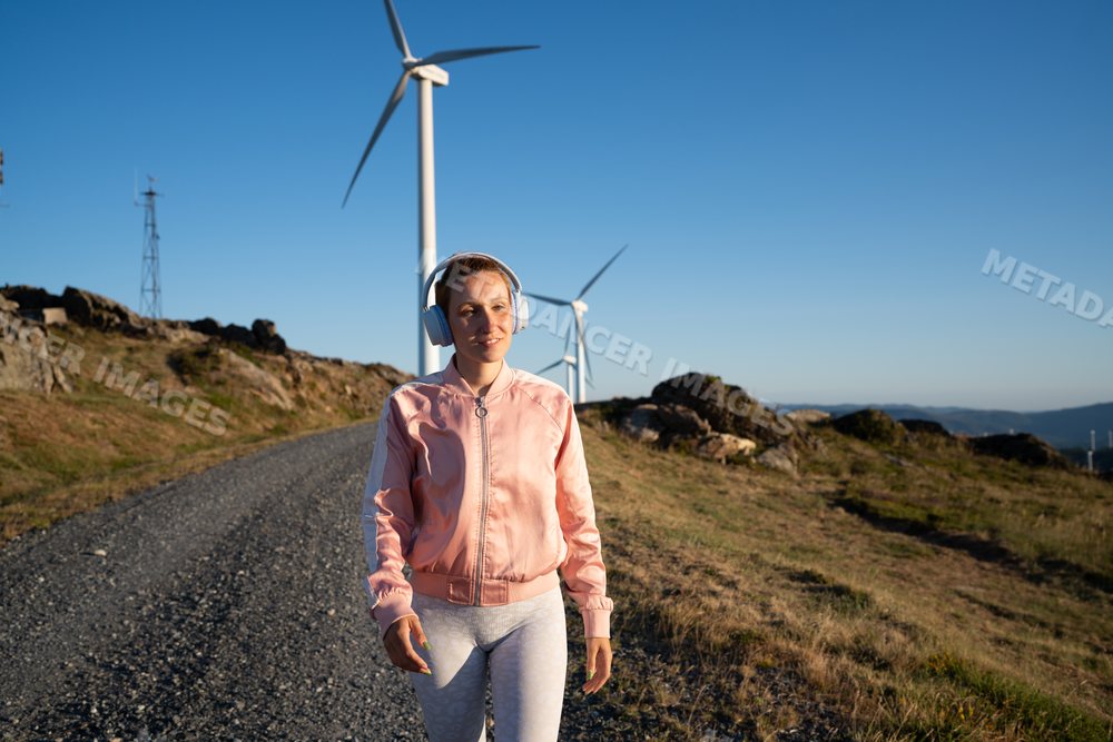 A white woman walking on a gravel path