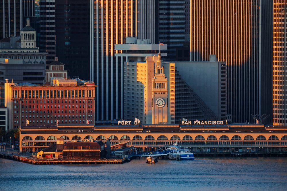 Sunset view of the Port of San Francisco waterfront, City, Cityscapes, City Life, California, USA.