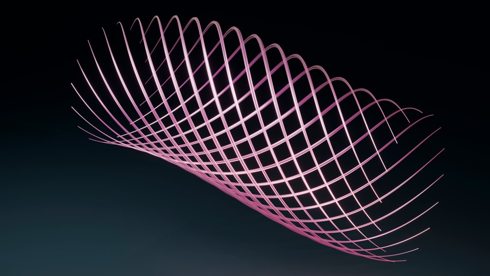 Pink curved lines form an abstract wave grid pattern in a dark 3D digital render.