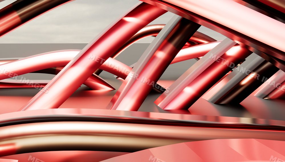 Close-up view of pink metallic tubes intersecting