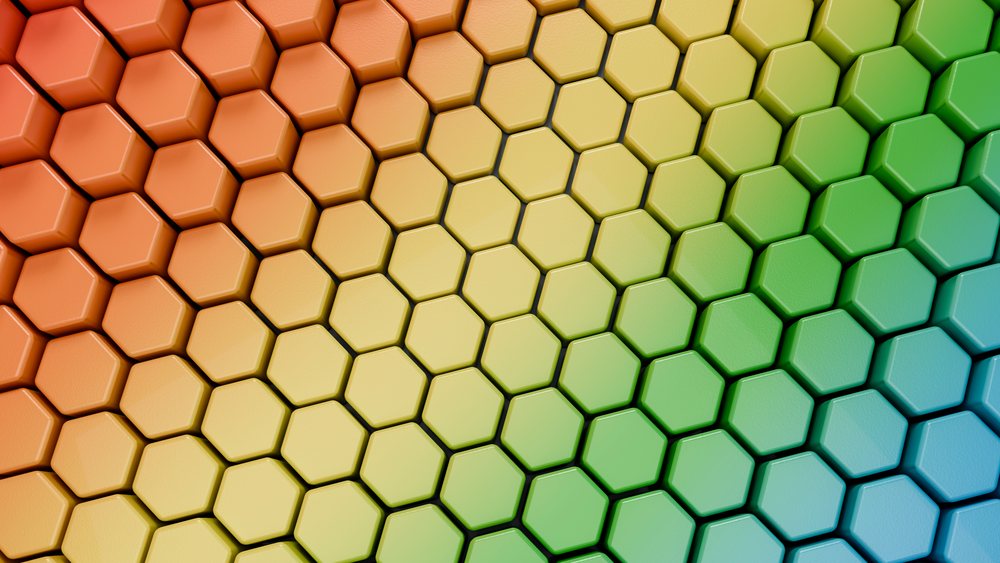 Smooth digital geometric pattern of 3D hexagonal blocks with a gradient color transition from orange to blue.