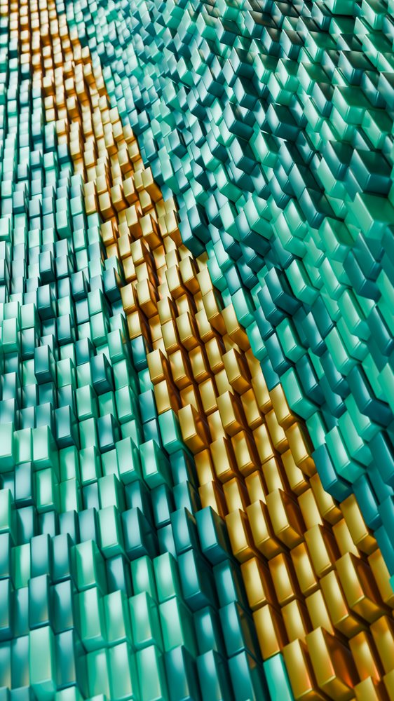 Digital illustration showing vertically arranged 3D stacked turquoise and gold cubes forming an abstract geometric pattern.