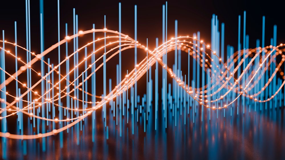 3D digital illustration of an orange waveform interwoven with blue vertical bars against a dark background representing data analytics and visualization.