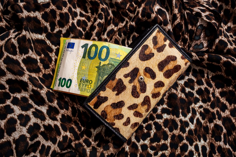 Leopard print wallet with black trim holding a 100 euro banknote on leopard print fabric with denim hem, Studio Shot.