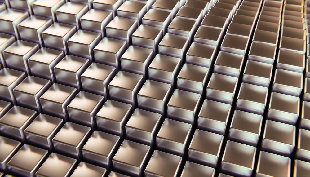 Abstract 3D rendered image of metallic cubes arranged precisely in a geometric grid pattern with reflective surfaces, abstract render background.