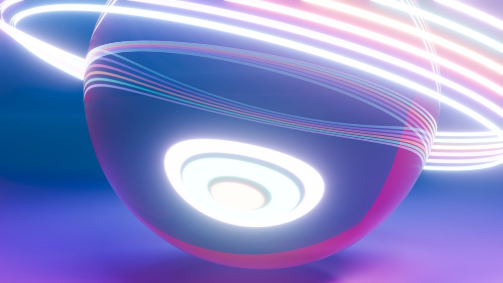 Digital 3D illustration of a glowing orb encircled by multiple neon light rings floating against a purple background.