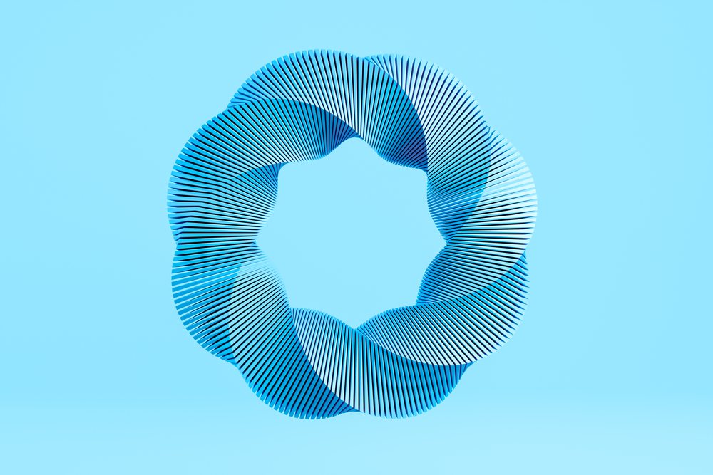 Abstract blue twisted lines form a circular geometric shape on a blue background in a 3D digital art render.