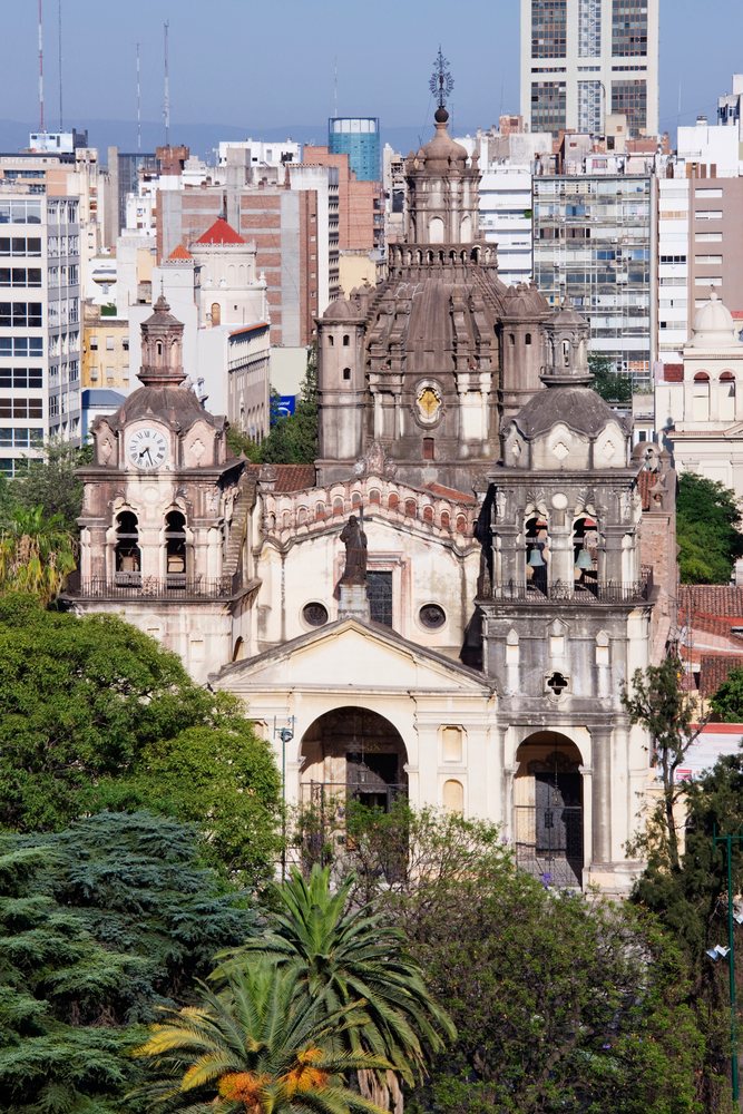 Historic facade and towers of Cordoba Cathedral, Argentina.