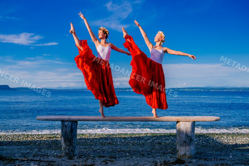 Two female dancers balance featuring a white model