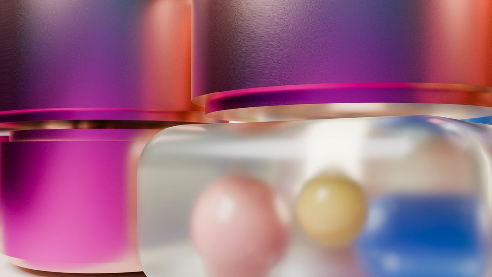 Close-up illustration of vibrant pink, yellow, and blue capsules inside a transparent pharmaceutical container representing medicine and health supplements.