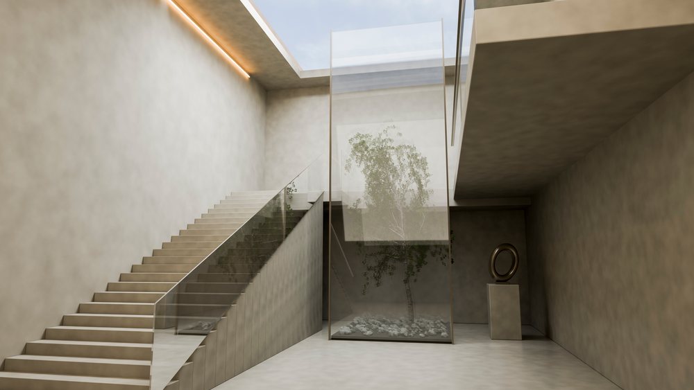 Modern interior with indoor staircase, glass railings, a tree enclosed in glass, and sculptural art on a pedestal.