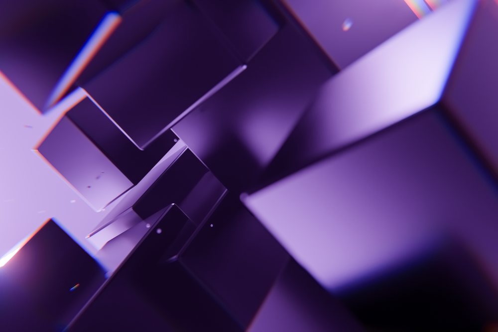 Purple 3D cubes arranged in an abstract geometric pattern with reflective surfaces and glowing edges, creating a rendered digital background.