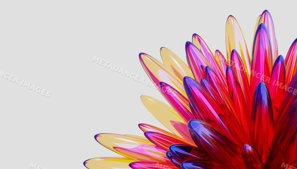 Close-up of a colorful abstract glass petal sculpture with bright