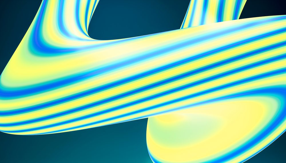 A digital 3D abstract artwork showing flowing curved shapes with a blue and yellow gradient on a dark background.