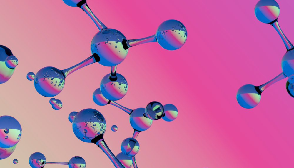 3D scientific illustration of molecules connected by chemical bonds on a pink gradient background.