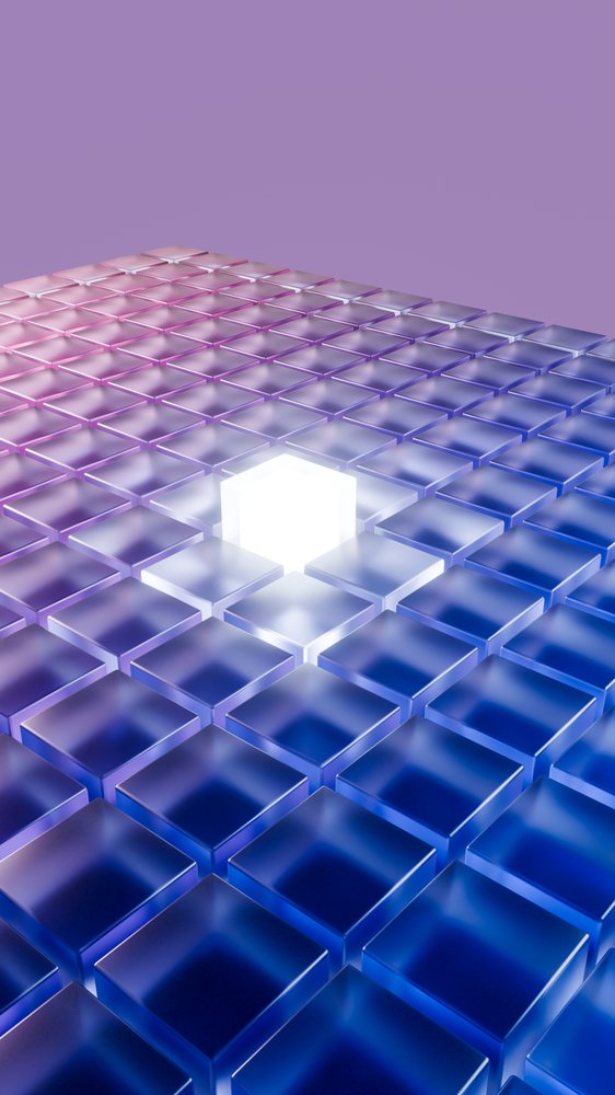 Digital 3D abstract design showing a central glowing cube.