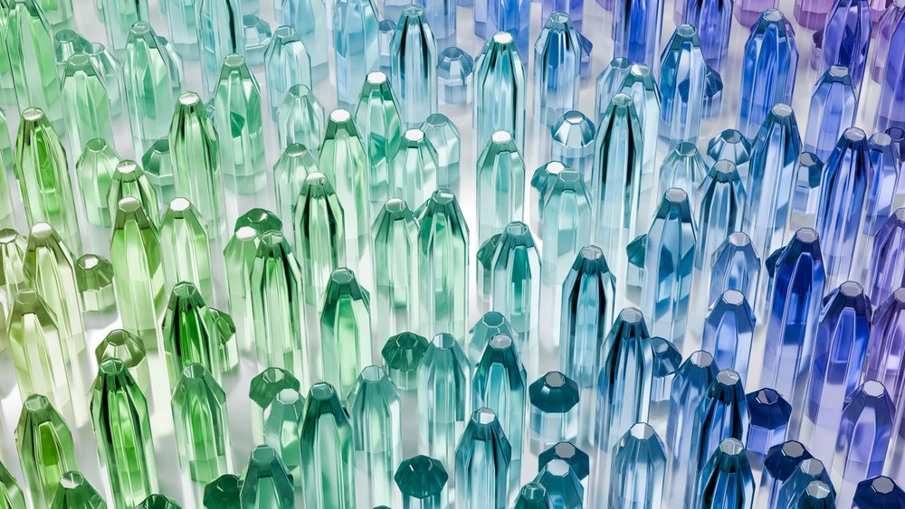 Colorful cluster of transparent green, blue, and purple crystals in a 3D digital illustration by Garduna studio.