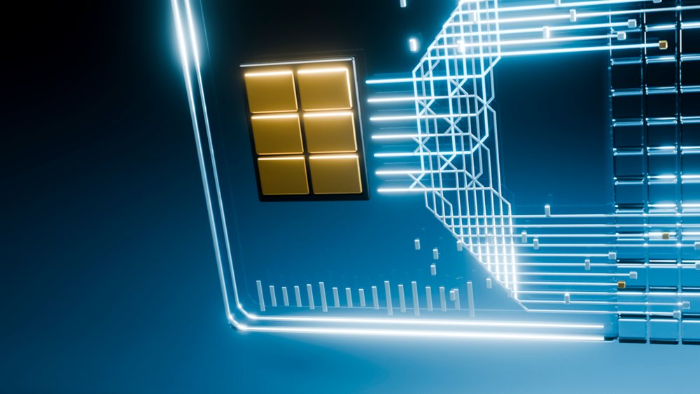 Glowing microchip with digital circuitry and data flow.
