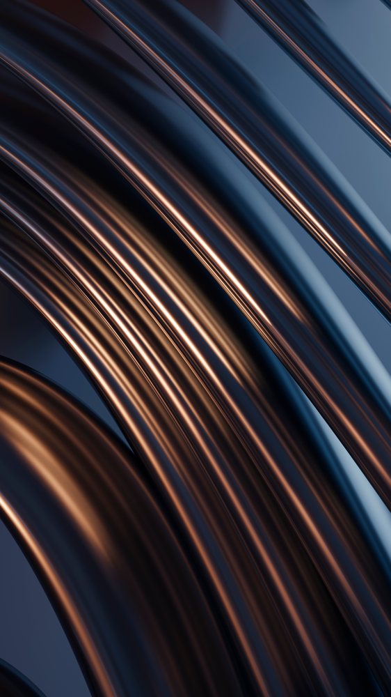 Abstract 3D digital render of smooth metallic curves with copper highlights on a dark blue background with glossy textures.