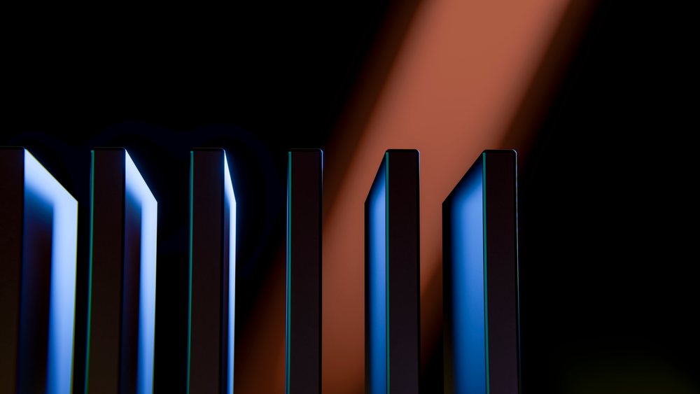 Abstract digital illustration of glowing vertical blue rectangles with an orange light streak on a dark background.