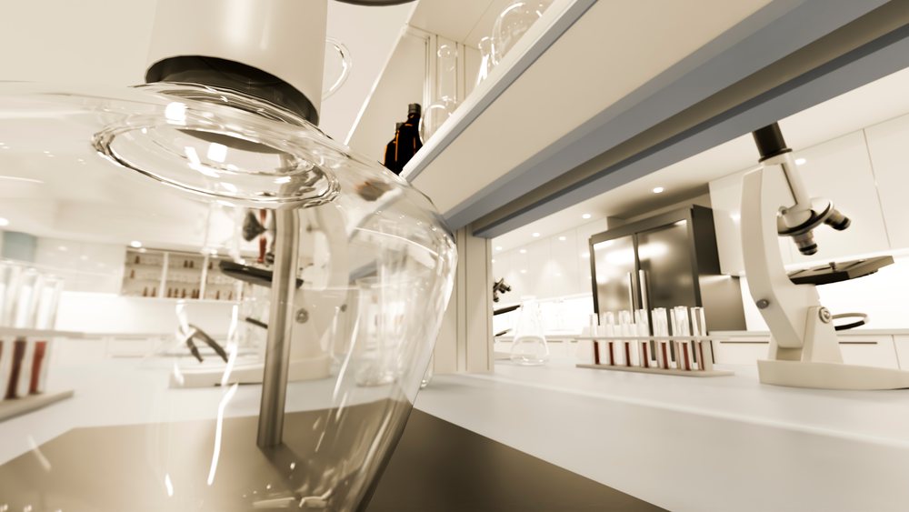 Modern laboratory interior with multiple microscopes, test tubes, and glassware arranged on a white bench for scientific research and analysis.