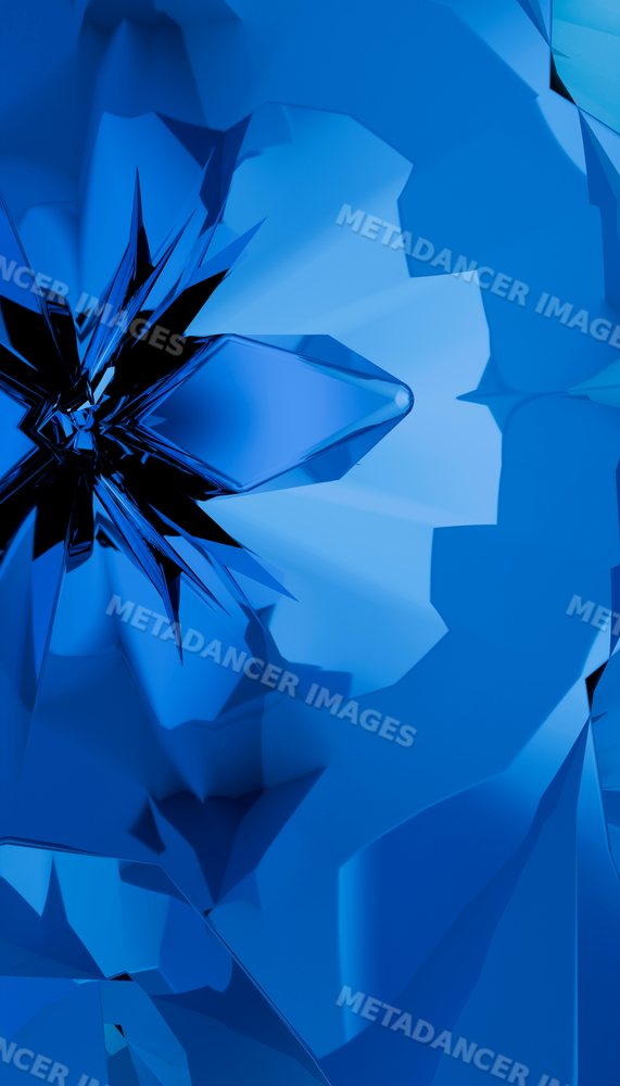 Abstract 3d render of faceted blue geometric crystal shapes